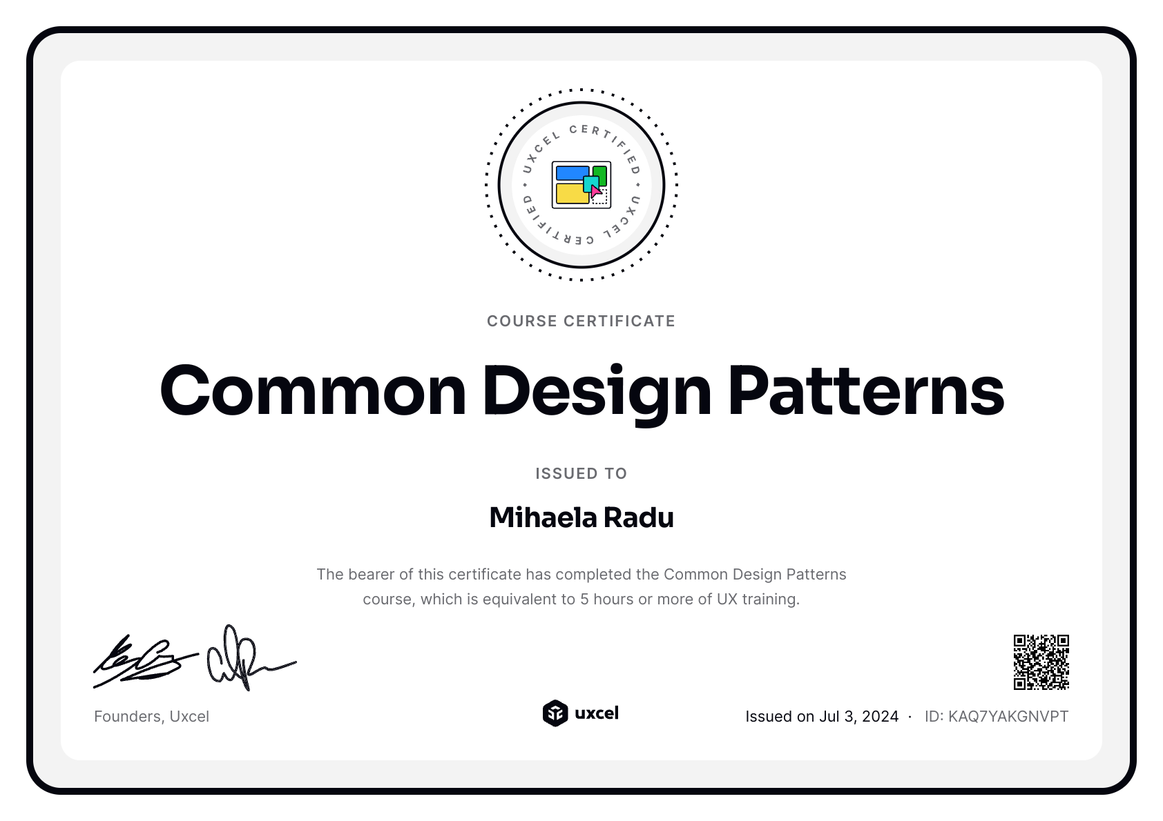 Mihaela Radu's certificate
